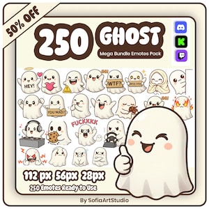 Peut inclure: Un ensemble numérique de 250 émoticônes fantômes avec diverses expressions et actions, incluant les textes HEY, WTF, MISS YOU, YOU MAD et FUCKKKK. Le pack contient des icônes Discord, K et Twitch, avec des tailles de 112 px, 56 px et 28 px.