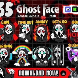 May include: A digital art pack with 65 Ghost Face emotes. The emotes display the classic mask in different scenarios, such as "BAN," "TIME OUT," and "NOPE." The design uses a red and black colour scheme, with the text "DOWNLOAD NOW!"