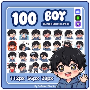 Könnte beinhalten: Ein digitales Kunstpaket mit 100 "Boy" Emotes. Die Emotes zeigen einen Cartoon-Jungen mit schwarzen Haaren in verschiedenen Ausdrücken, darunter weinende, lachende und wütende Gesichter. Das Bild enthält den Text "Bundle Emotes Pack" und die Größen 112px, 56px und 28px.