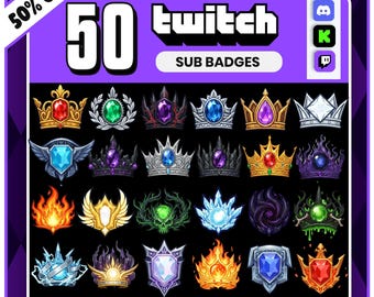 Puede incluir: Gráfico digital con 50 insignias de suscripción de Twitch. Los diseños incluyen coronas, llamas y escudos en una variedad de colores, como rojo, azul, verde y morado. La imagen tiene un borde morado y el texto "50% OFF".