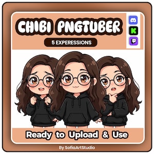 May include: A digital illustration of a chibi character with long brown hair and round glasses, wearing a black hoodie. The character is shown in three different expressions. The text reads CHIBI PNGTUBER, 5 EXPERESSIONS, and Ready to Upload & Use.
