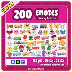 May include: A pink graphic with the text "200 EMOTES Funny Meme" and a collection of cartoon emotes. The image includes various expressions and phrases like "OMG," "WTF," and "OKAY." The graphic also states "200 Emotes Ready to Use."