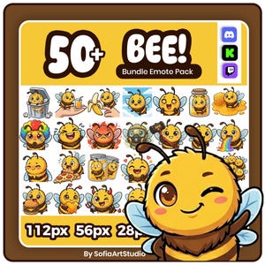 Könnte beinhalten: Eine digitale Sammlung von über 50 Bienen-Emotes mit verschiedenen Ausdrücken und Aktivitäten. Die gelbe Grafik enthält Symbole für Discord, Kick und Twitch sowie den Text 50+ BEE! Bundle Emote Pack, 112px 56px 28px und By SofiaArtStudio.