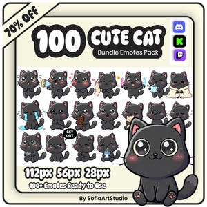 Può includere: Un pacchetto di arte digitale con 100 simpatiche emote di gatti. Le emote raffigurano gatti neri con varie espressioni e pose. L'immagine include il testo "100 Cute Cat Bundle Emotes Pack" e "100+ Emotes Ready to Use".