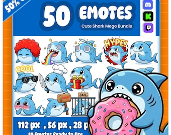 50 emoticones de tiburón kawaii para Twitch / Reacciones de dibujos animados chibi (Descarga digital)