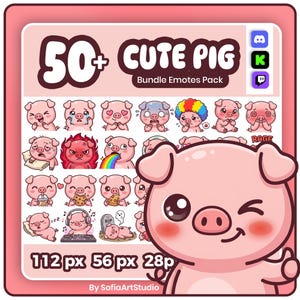 Op de afbeelding: Een digitaal pakket van 50+ schattige varkens-emotes met diverse uitdrukkingen en activiteiten. De afbeelding bevat de tekst 50+ CUTE PIG Bundle Emotes Pack, 112 px 56 px 28 px en By SofiaArtStudio, met iconen voor Discord, Kick en Twitch.