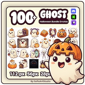 Könnte beinhalten: Eine digitale Sammlung von über 100 Geister-Halloween-Emotes mit verschiedenen Cartoon-Geistern in unterschiedlichen Posen, darunter Geister mit Kürbissen, Kopfhörern und Gaming-Setups. Der Text lautet 100+ GHOST Halloween Bundle Emotes.