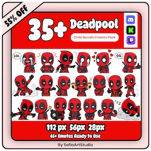 May include: A digital art bundle featuring Deadpool chibi emotes. The image showcases various expressions and poses of the character, with text indicating the pack includes over 35 emotes in different sizes. The background is red with white text and the image is labeled "55% OFF".
