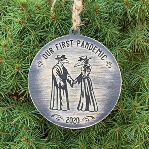 Black Laser Engraved Couples Plague Doctor Ornament “Our First Pandemic”