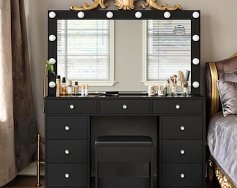 Vanity Desk with Mirror, LED Lights, 9 Drawers and Power Outlet Dressing Table for Bedroom