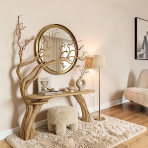 Solid Wood Tree Console Table: Rustic Farmhouse Branch Storage Shelf