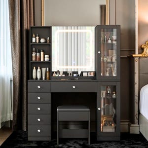Drawers Dressing Table with Mirror LED Lights Makeup Vanity with Power Outlet Black