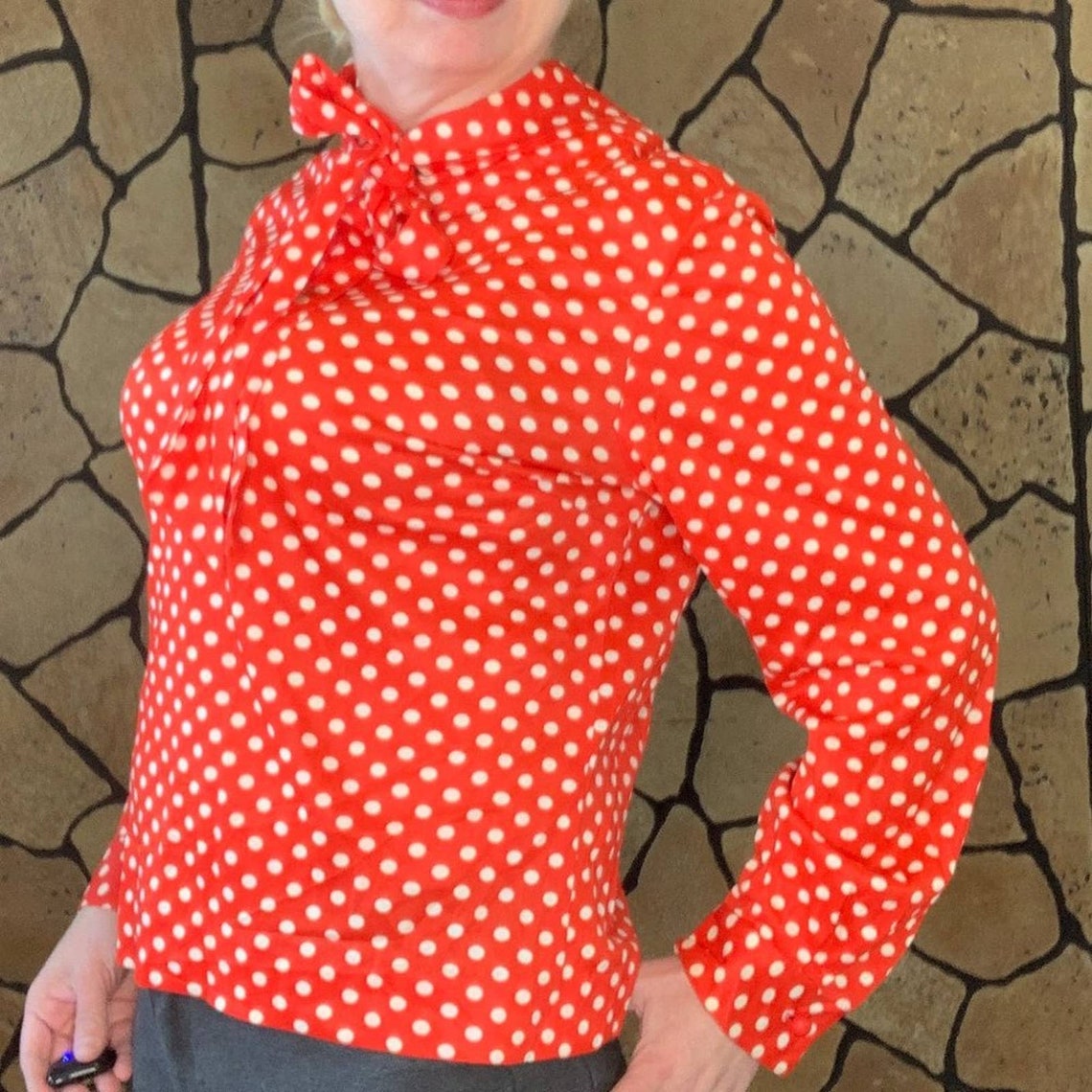 Bold bright red & white polkadot long sleeve shirt | Etsy