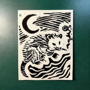 Opossum Mini Hand-Pulled Relief Print | Limited Edition | Handmade Art | Cozy Cottagecore Wall Decor | Small Gift