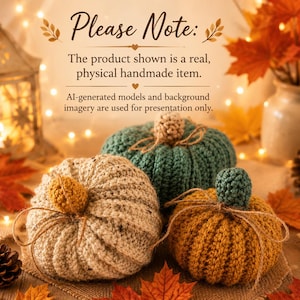May include: Three crocheted pumpkins in beige, teal, and mustard yellow, each featuring a small stem and tied with thin twine. The image includes text: Please Note: The product shown is a real, physical handmade item. AI-generated models and background imagery are used for presentation only.