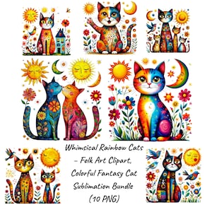 Whimsical Rainbow Cats – Folk Art Clipart, Colorful Fantasy Cat Sublimation Bundle (10 PNG)