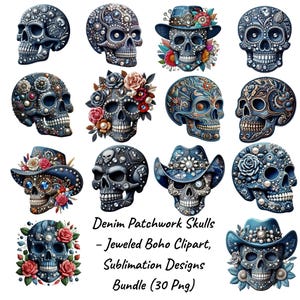 Peut inclure: Une collection de crânes en patchwork denim ornés de bijoux et de fleurs. Certains crânes portent des chapeaux décorés de bijoux et de fleurs. Le texte "Denim Patchwork Skulls - Jeweled Boho Clipart, Sublimation Designs Bundle (30 Png)" est inclus.