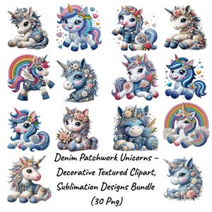 Può includere: Illustrazioni di unicorni stravaganti con design patchwork in denim e dettagli floreali. Il testo sull'immagine recita: "Denim Patchwork Unicorns - Decorative Textured Clipart, Sublimation Designs Bundle (30 Png)". Gli unicorni sono in varie pose.