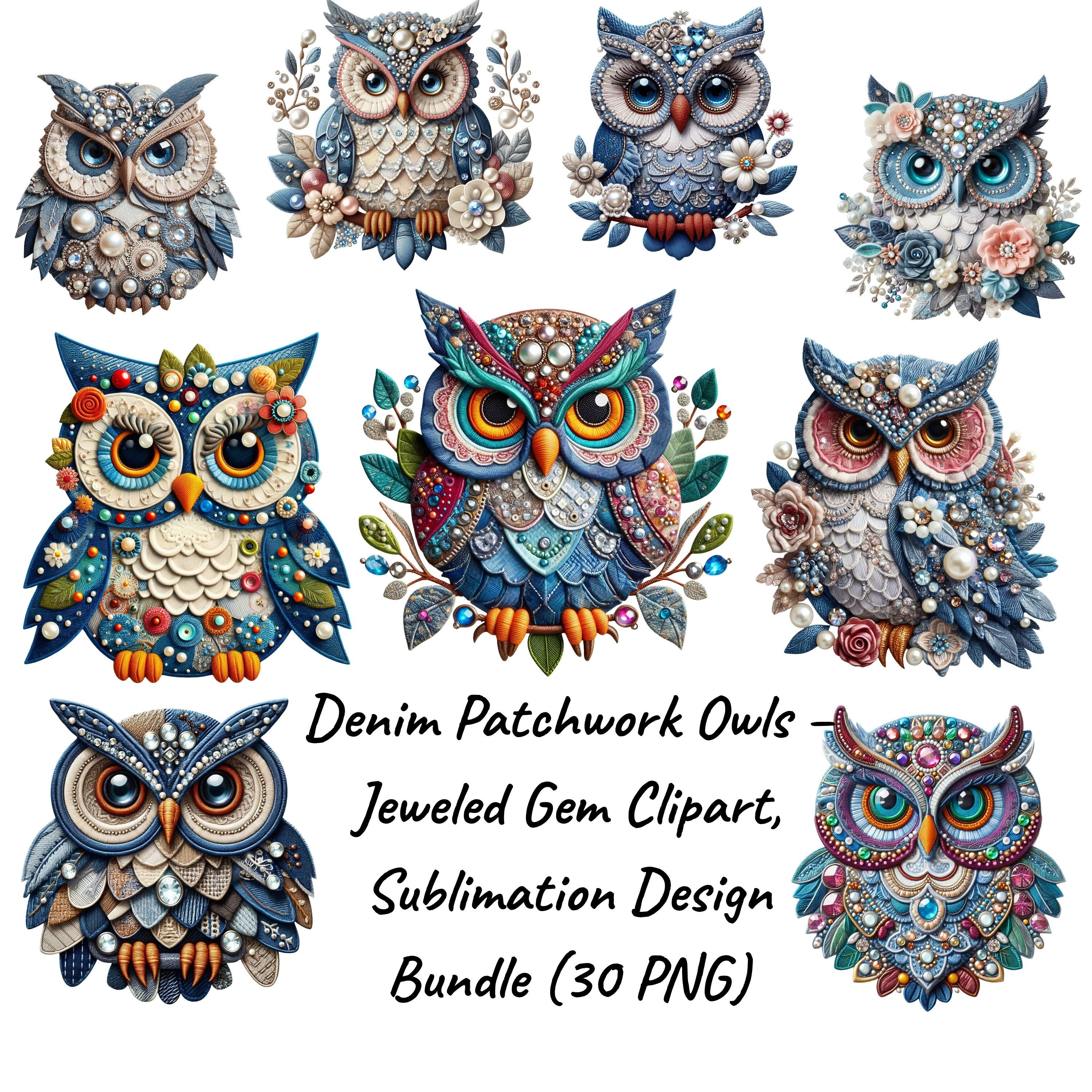 Denim Patchwork Owls &ndash; Jeweled Gem Clipart, Sublimation Design Bundle (30 PNG)