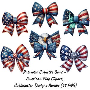 Op de afbeelding: Een verzameling patriottische coquette strikken in rood, wit en blauw, met het ontwerp van de Amerikaanse vlag. De strikken zijn versierd met sterren, strepen en versieringen, perfect voor sublimatieontwerpen. De afbeelding bevat de tekst "Patriotic Coquette Bows - American Flag Clipart, Sublimation Designs Bundle (14 PNG)".