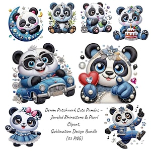 May include: A collection of digitally illustrated panda bear designs. The pandas are depicted in various poses, wearing denim patchwork outfits and adorned with jeweled rhinestones and pearls. Some pandas are on a moon, holding a cake, or driving a car.