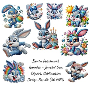 Jeansowe króliczki patchworkowe – zestaw clipartów z klejnotami w postaci królika w formacie PNG, kryształków i kamieni szlachetnych (30 PNG)