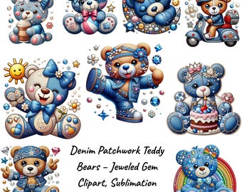 Denim Patchwork Teddy Bears – Jeweled Bear PNG, Rhinestone & Gem Clipart Bundle (20 PNG)