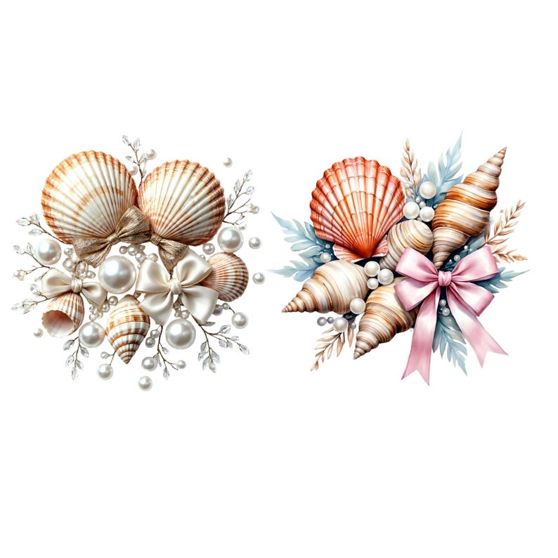 Shell Arrangments Seashell Heart PNG Bundle, Coquette Mermaidcore Clipart, Pearl Bow ...