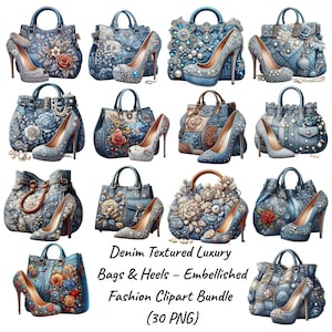 Denim Textured Luxury Bags & Heels – Embellished Fashion Clipart Bundle (30 PNG)