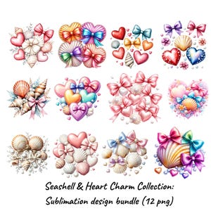 May include: A collection of twelve seashell and heart charm designs. Each design features seashells, hearts, and bows in various colours, including pink, red, blue, and orange. The designs are arranged in a grid.