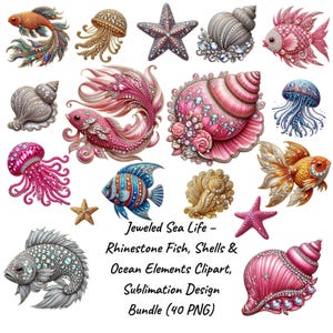 Vida marina enjoyada: imágenes prediseñadas de peces, conchas y elementos oceánicos con diamantes de imitación, paquete de diseño para sublimación (40 PNG)