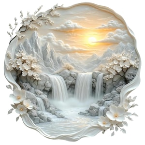 May include: A white, three-dimensional artwork showing a tranquil mountain scene with waterfalls, cherry blossoms, and a sunset. The piece is framed with floral accents, creating a peaceful and natural scene.