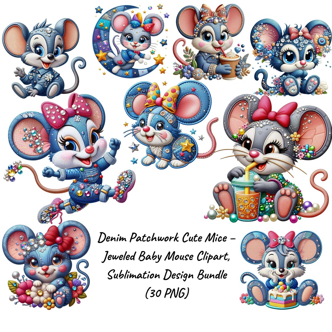 Denim Patchwork Mice Clipart – Jeweled Baby Mouse Sublimation Bundle ...