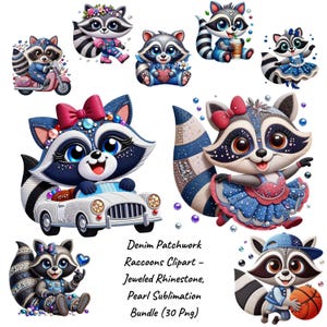 Könnte beinhalten: Eine Sammlung von Cartoon-Waschbär-Illustrationen in verschiedenen Posen. Die Waschbären sind mit Denim-Patchwork, Strasssteinen und Perlen verziert. Ein Waschbär fährt ein weißes Auto, ein anderer fährt Roller. Der Text lautet "Denim Patchwork Raccoons Clipart - Jeweled Rhinestone, Pearl Sublimation Bundle (30 Png)".