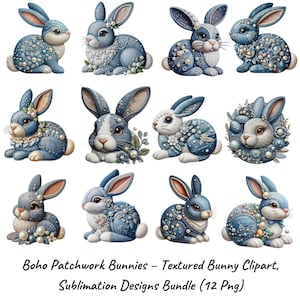 Coniglietti patchwork in stile boho - Clipart di coniglietti con texture, pacchetto di disegni per sublimazione (12 PNG)