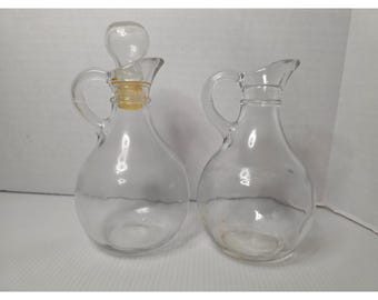 Vintage Glass Cruet Set Oil Vinegar Bottles Lot 2 Clear with Stopper Handled