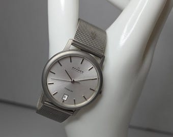 Skagen 170LTTM Men's Titanium Watch Mesh Band Minimalist Date Japan Untested
