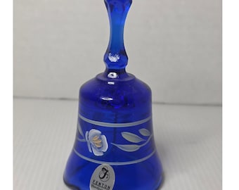 Campana de cristal Fenton pequeña, azul cobalto, excelente, pintada a mano con motivos florales, A. Rogers