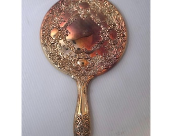 Espejo de mano Towle plateado con estampado de rosas florales, antiguo, de principios del siglo XX, raro.