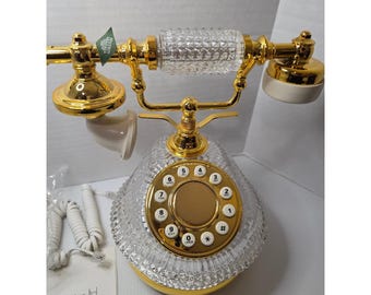 Teléfono de cristal Shannon Godinger Modelo 2648 con detalles dorados, nuevo en caja, con mina fina.