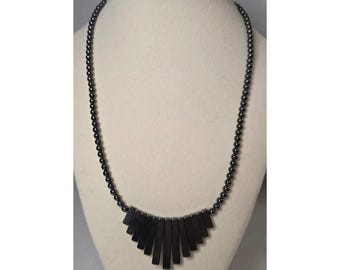 Hematite Style Fringe Necklace Black Bead Strand Bar Statement 18 Inch