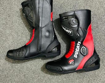 Ducati Racing Motorcycle Boots for Men | CE Armored Leather Biker Riding Boots