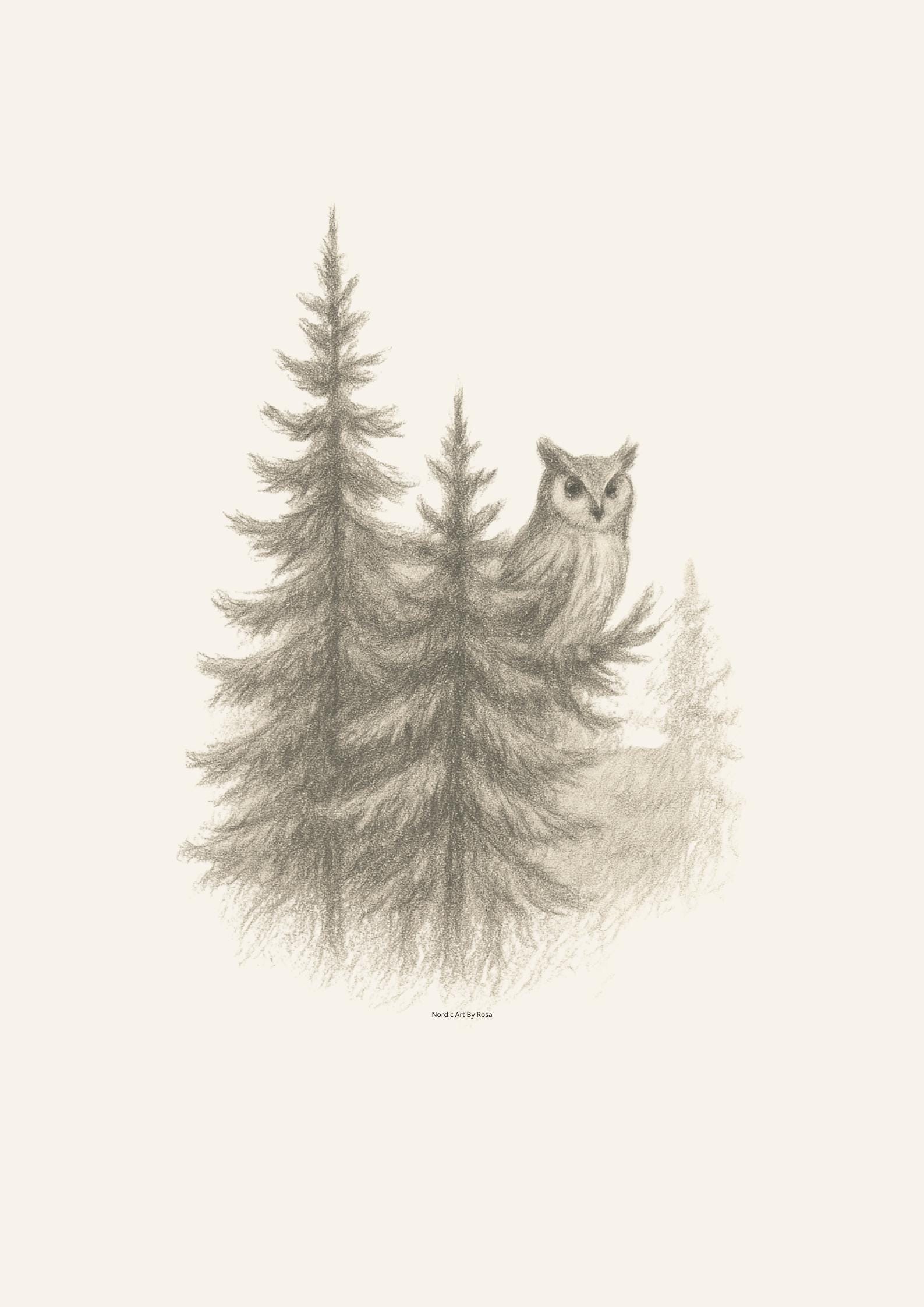 Owl Illustration Digital Download, Calm Forest Wall Art