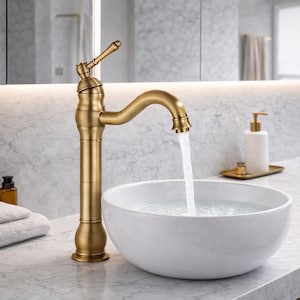 May include: An antique-style brass tap with a curved spout, dispensing water into a white, round basin. The tap features a lever handle and is set against a marble-effect wall. A soap dispenser and tray are visible in the background.