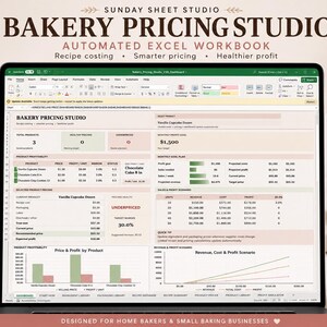 May include: A digital Bakery Pricing Studio Excel workbook displayed on a laptop screen, featuring automated calculation dashboards, product profitability charts, and sales scenarios for home bakers to manage recipe costs and profit margins.