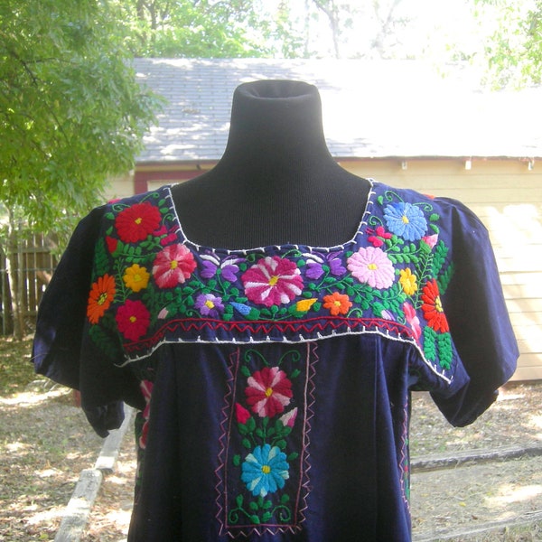 Vintage mexican dramatic blue embroidered dress