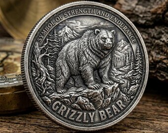 Pièce de monnaie ours grizzli, breloque de poche pour jeton en argent, nature sauvage pour aventurier, cadeau de remise des diplômes
