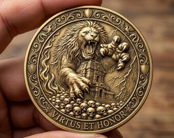 Pièce de défi gothique Virtus Honor Lion de poche jeton cadeau guerrier mythique fête des pères