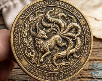 Pièce de monnaie renard à neuf queues en or antique Folklore asiatique en haut relief jeton de poche porte-bonheur cadeau mythique unique pour lui, son anniversaire de mariage