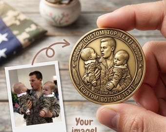 Custom Photo Challenge Coin, Personalized Military Dad Portrait Coin, New Father Gift, Engraved Bronze Token, Veteran Family Memory Keepsake